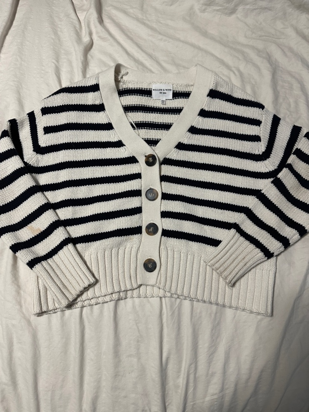 Striped V-Neck Button-Front Cardigan in White & Black